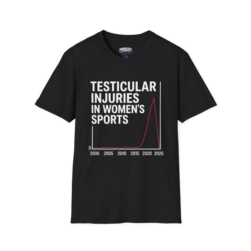 Funny Dark Humor T-Shirt — “Testicular Injuries in Women's Sports” Novelty Tee