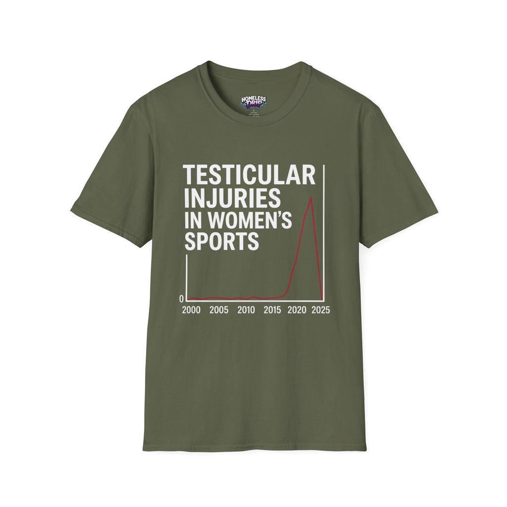 Funny Dark Humor T-Shirt — “Testicular Injuries in Women's Sports” Novelty Tee