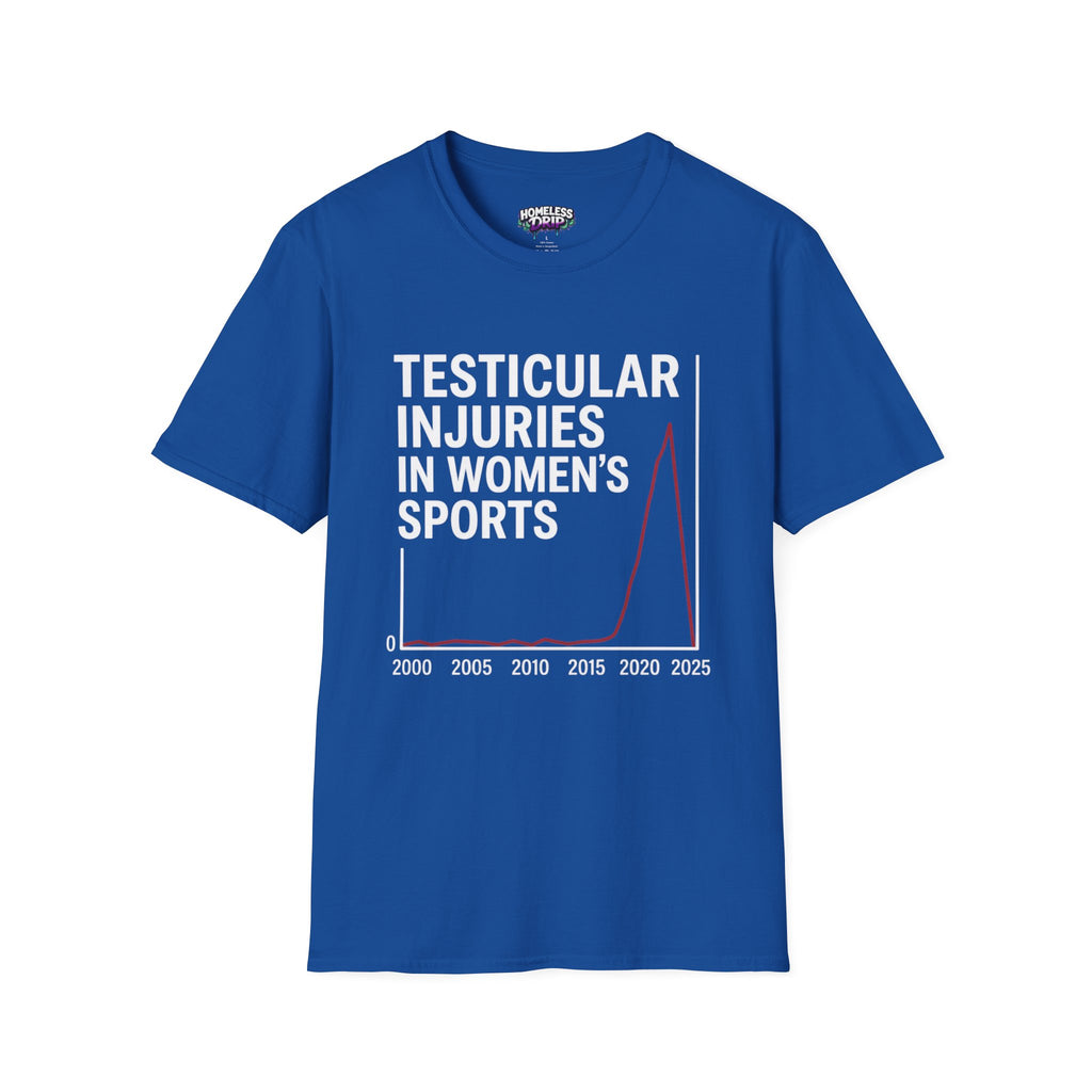 Funny Dark Humor T-Shirt — “Testicular Injuries in Women's Sports” Novelty Tee