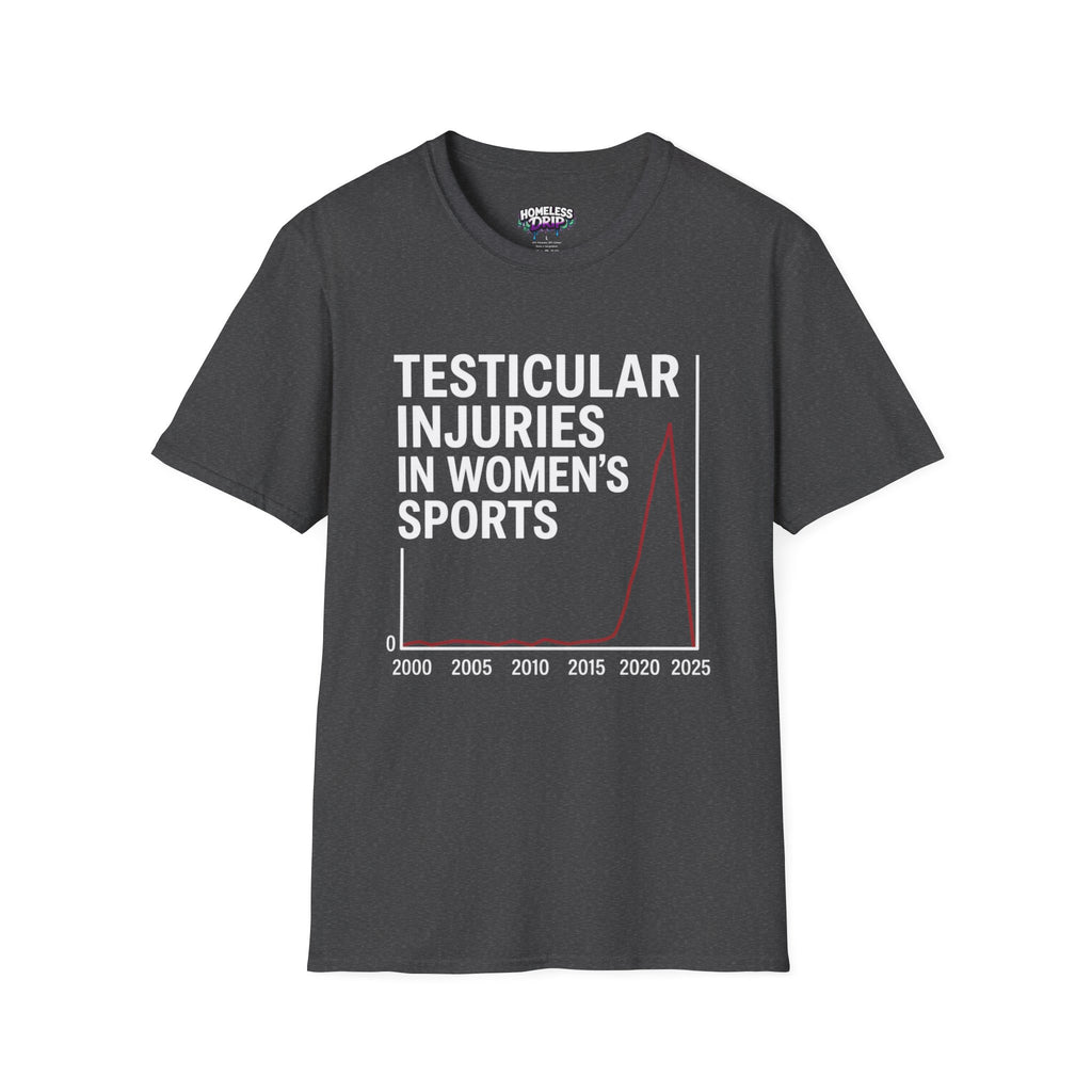 Funny Dark Humor T-Shirt — “Testicular Injuries in Women's Sports” Novelty Tee
