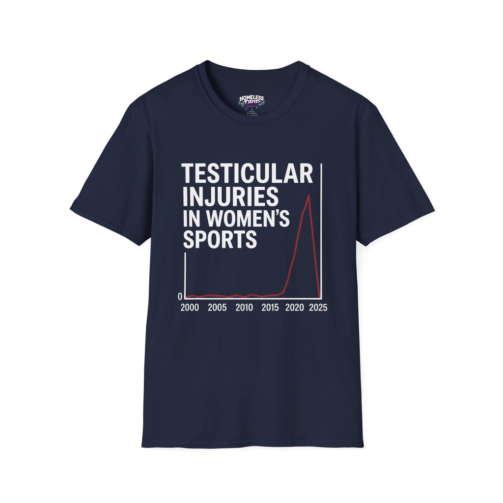 Funny Dark Humor T-Shirt — “Testicular Injuries in Women's Sports” Novelty Tee